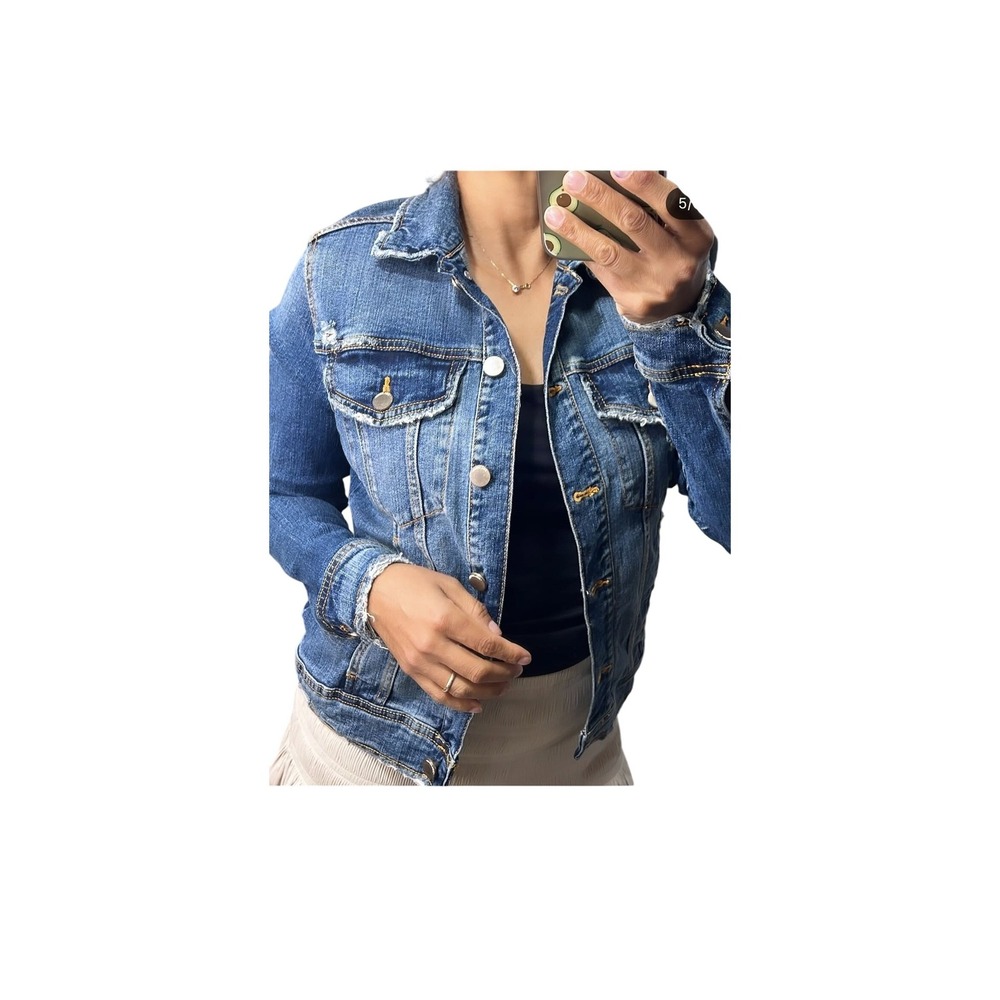 Zara Denim Jacket Womens L BlueDistressed Raw Hem Trucker - Picture 9 of 9